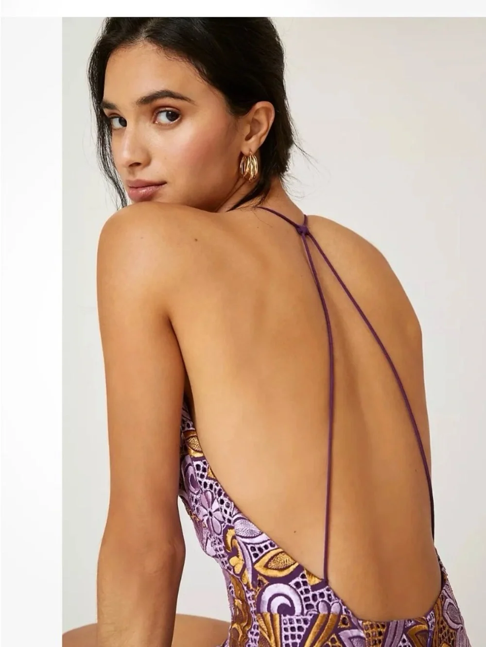 Anthropologie Purple and Mustard Embroidered Lace Halter Dress - Picture 3 of 9